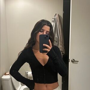 ALO Yoga Black knit Button-Down V-Neck Top